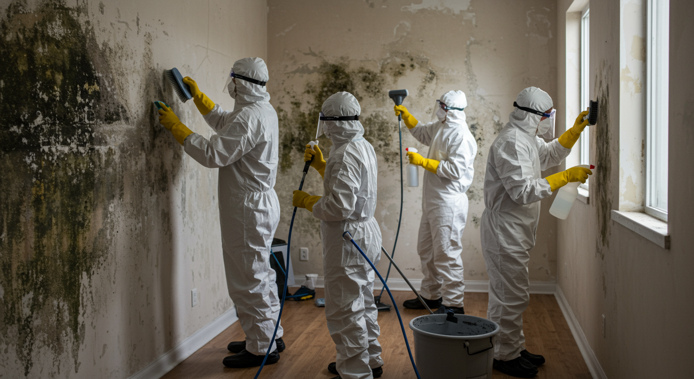A team of professionals in protective gear actively cleaning mold from a wall. Tools such as spray bottles and brushes are visible, and the area is well-lit to show the cleanup effort.