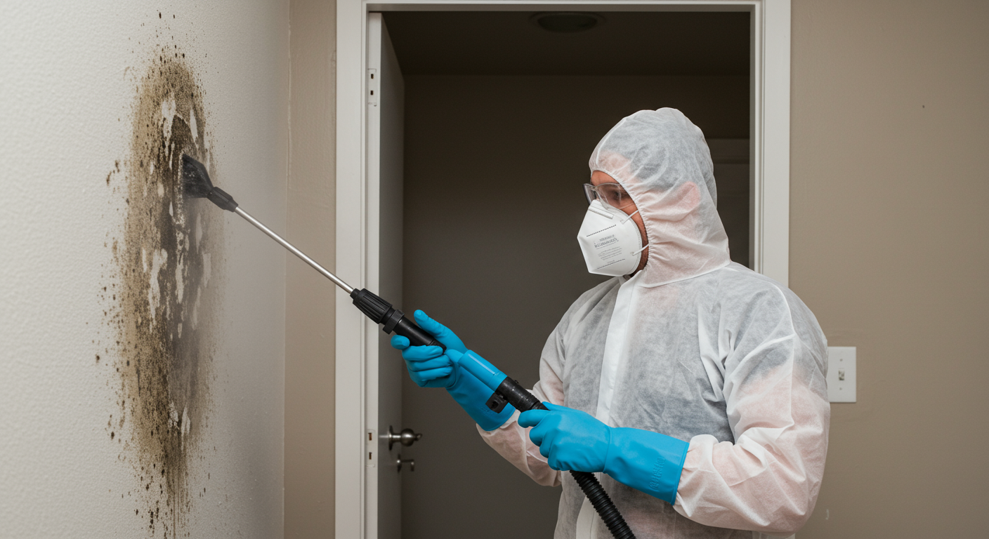 A professional wearing protective gear using specialized equipment to clean mold from a wall.