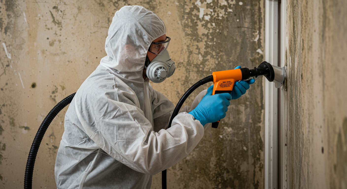 A professional mold remediation technician in protective gear actively removing mold from a wall.