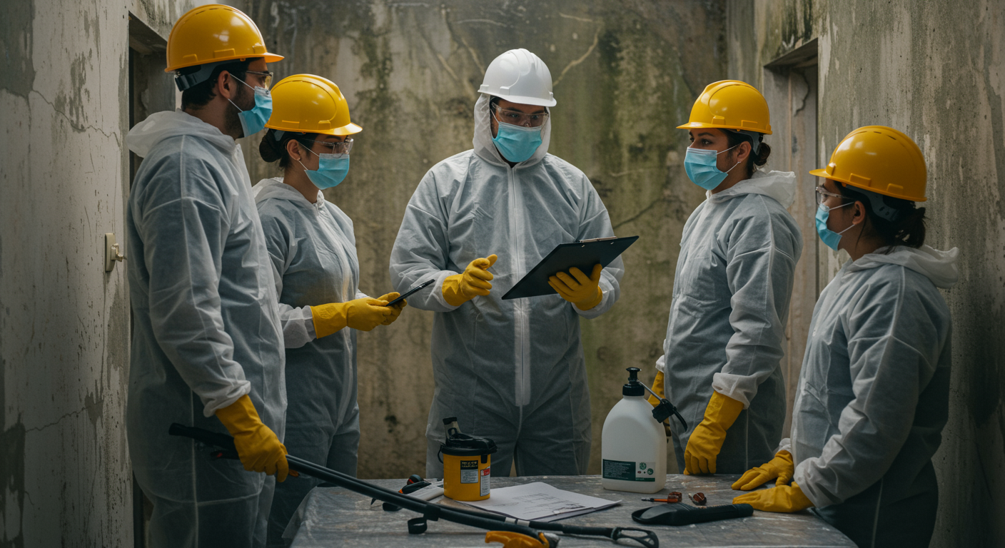 A professional mold removal team discussing their strategy in front of a mold-affected area, with tools and eco-friendly chemicals visible.