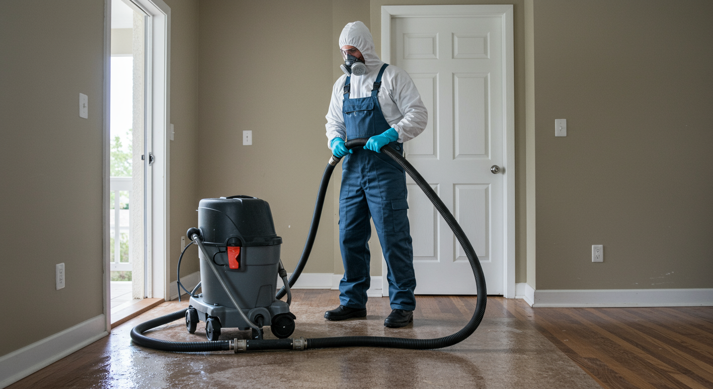 A professional technician in protective gear actively working on water damage restoration in a home. The image captures the technician using specialized equipment to extract water from carpets and floors.