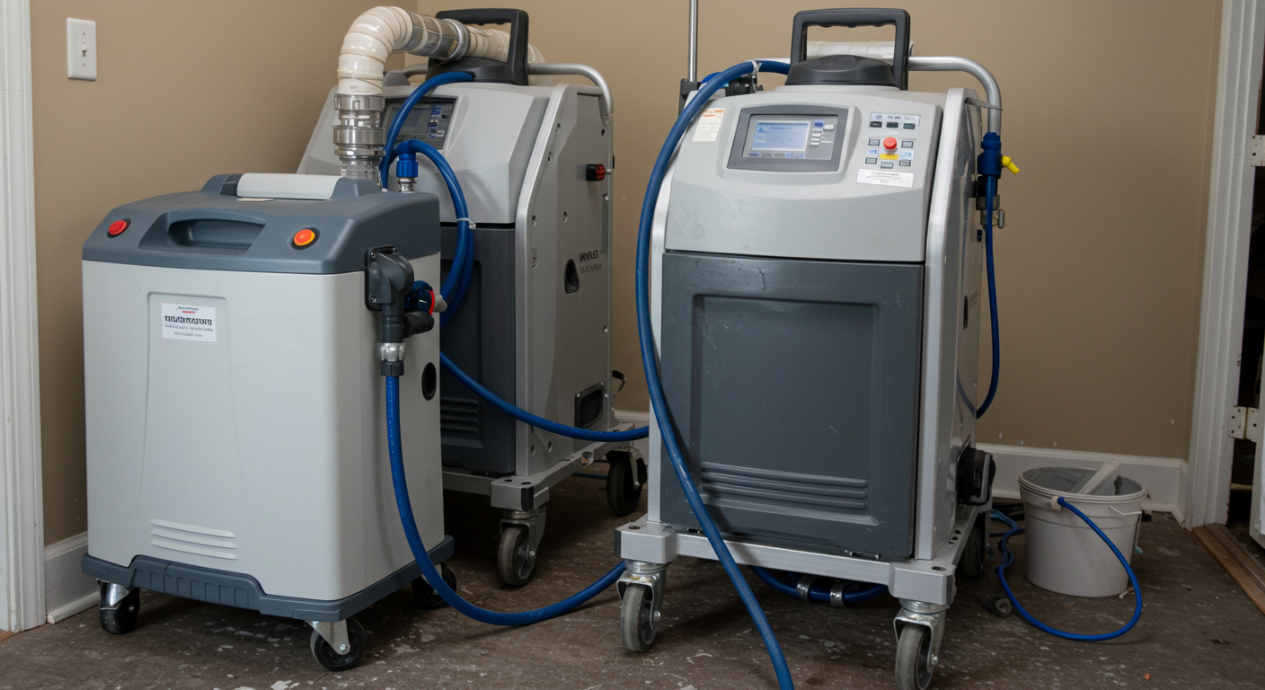 Advanced water extraction equipment and drying machines in a home undergoing restoration.