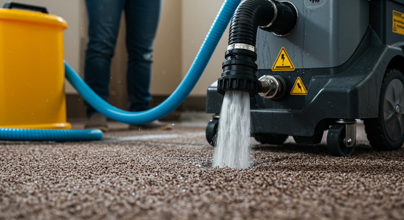 Close-up of advanced water damage restoration equipment in action, such as a high-powered water extractor and dehumidifier, with water being extracted from a carpet.
