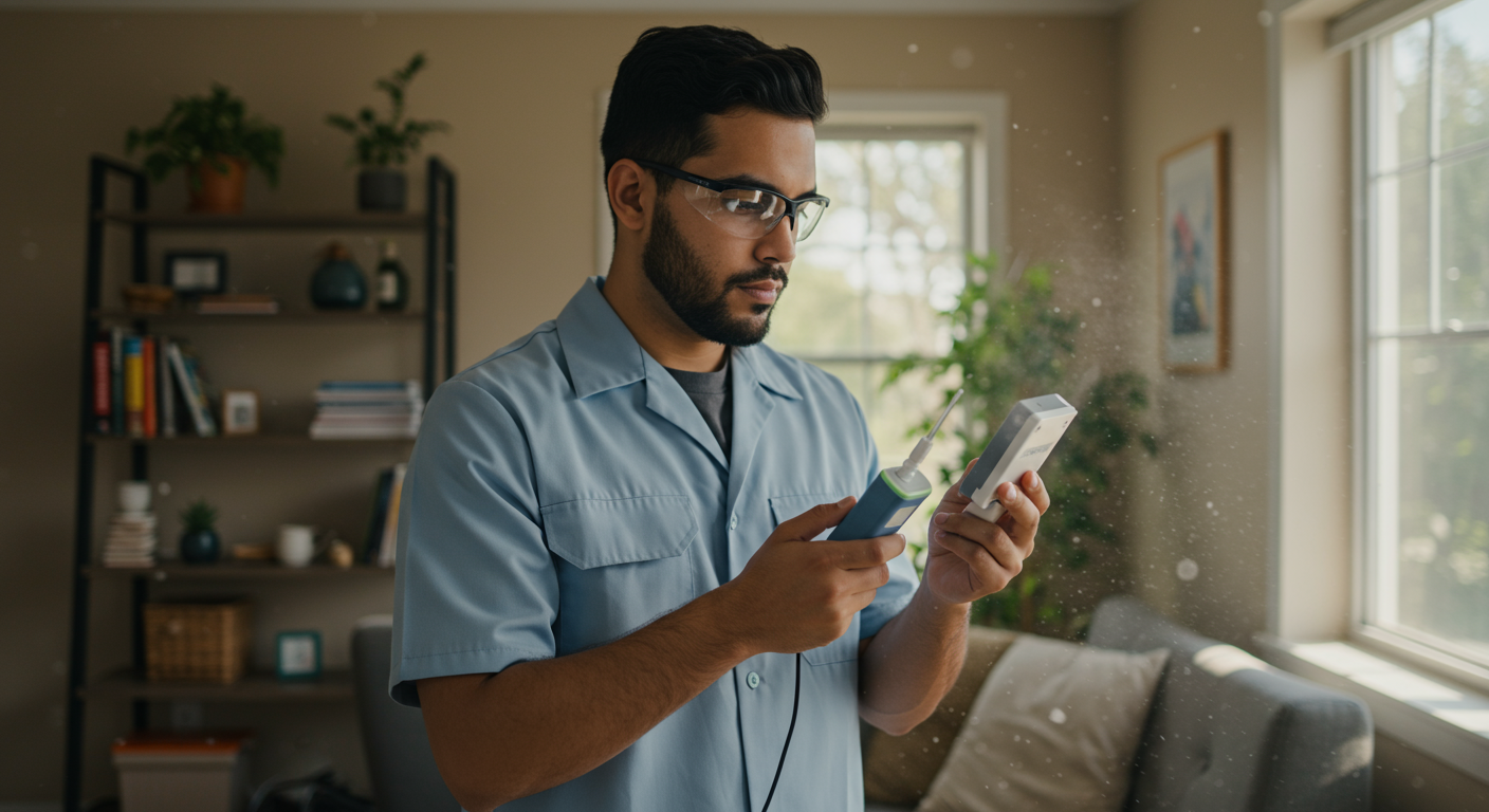 A technician conducting air quality testing in a home, using specialized equipment to measure mold spore levels.