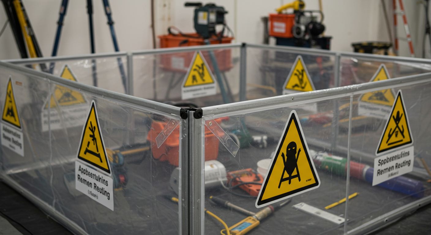 A close-up view of a containment area set up for asbestos removal, featuring clear plastic sheeting and warning signs. The background shows tools and equipment used for safe abatement, emphasizing safety protocols.