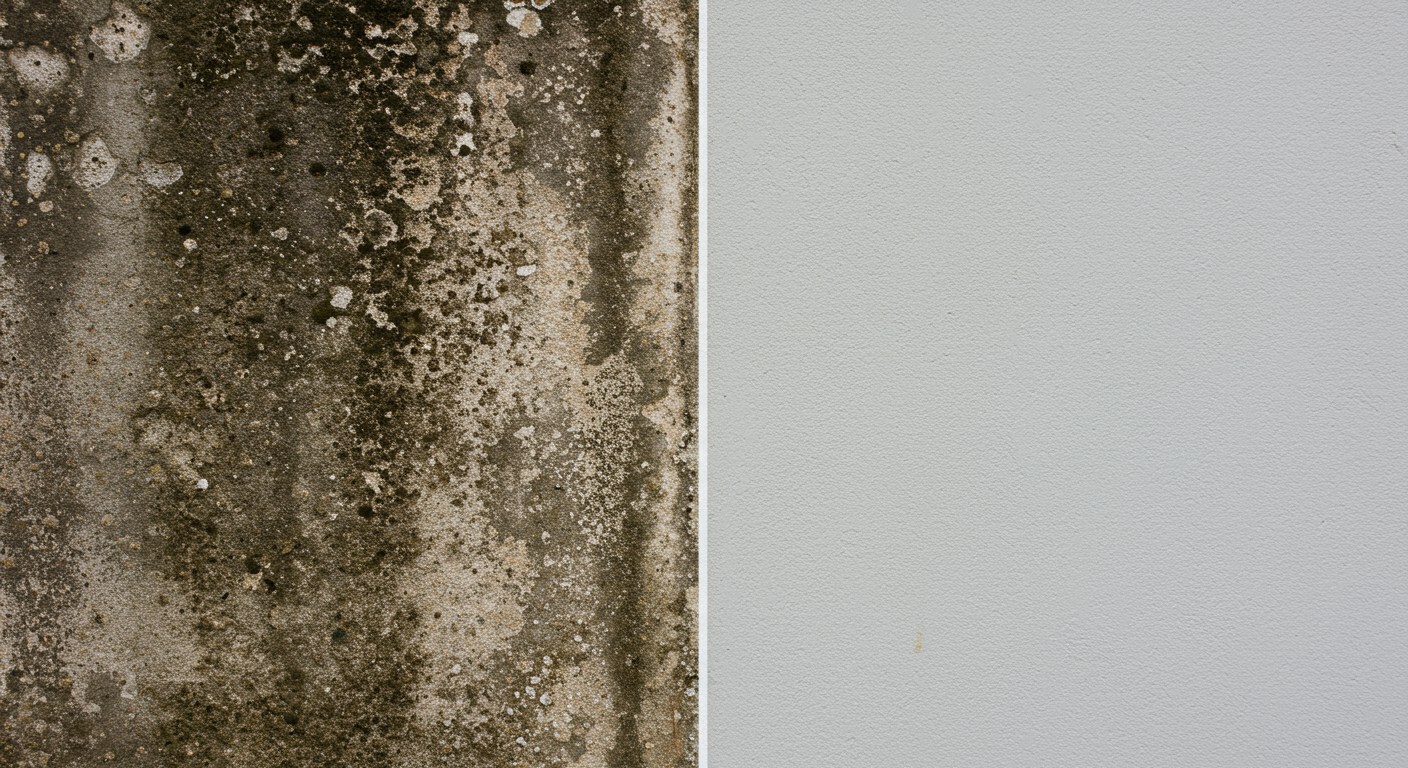 A split image showing a wall covered in mold on one side and the same wall clean and fresh on the other side.