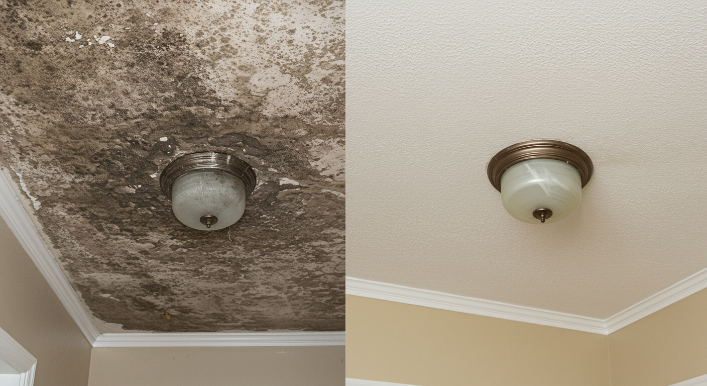 A before-and-after comparison of a ceiling affected by black mold. The left side shows the moldy ceiling, while the right side displays the same ceiling after professional cleaning.