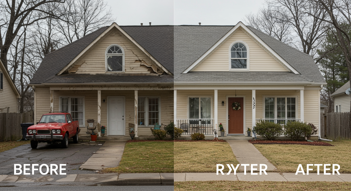 A before-and-after comparison image showing a home affected by water damage on one side and the restored, dry, and clean home on the other. This visual emphasizes the effectiveness of restoration services.