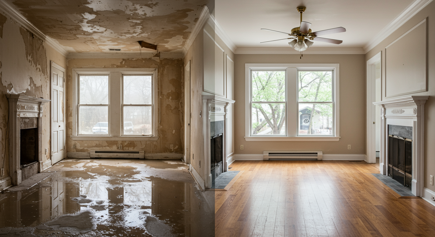 A split image showing a water-damaged room on one side and the same room fully restored on the other. This visual transformation highlights the effectiveness of water damage restoration services.