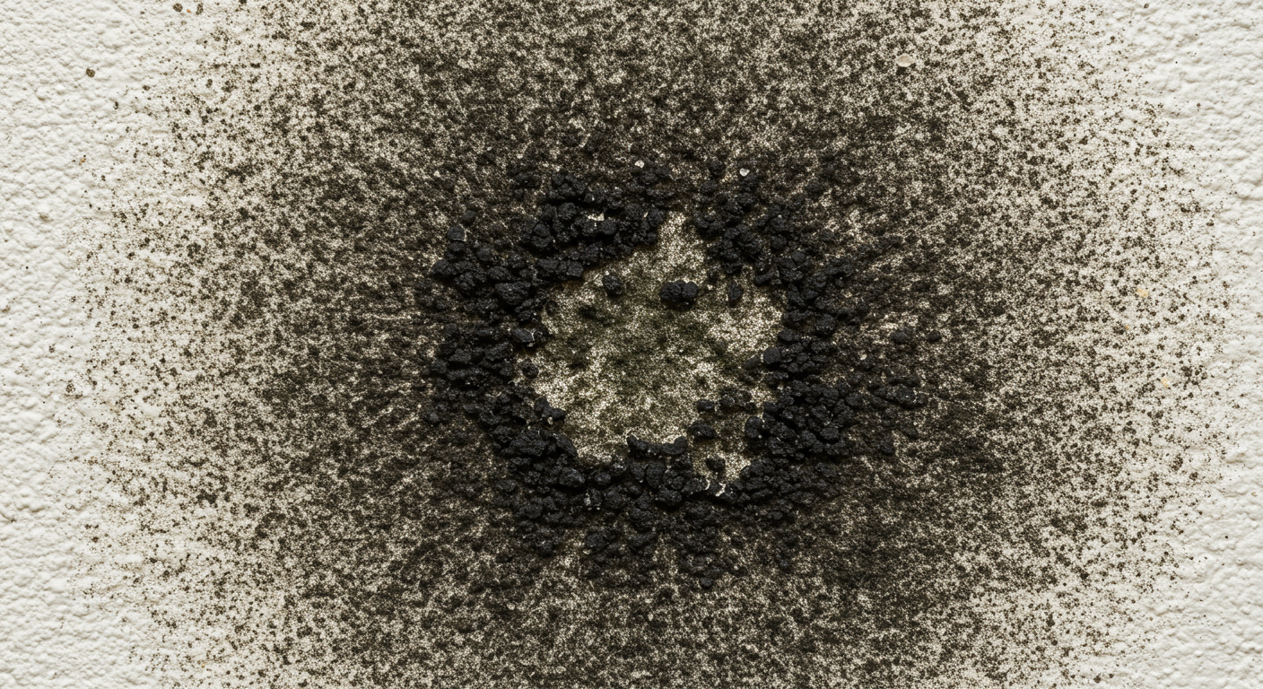 A detailed close-up shot of black fungus growing on a damp wall, showcasing its texture and color variations. The image highlights the severity of mold growth in a home environment.