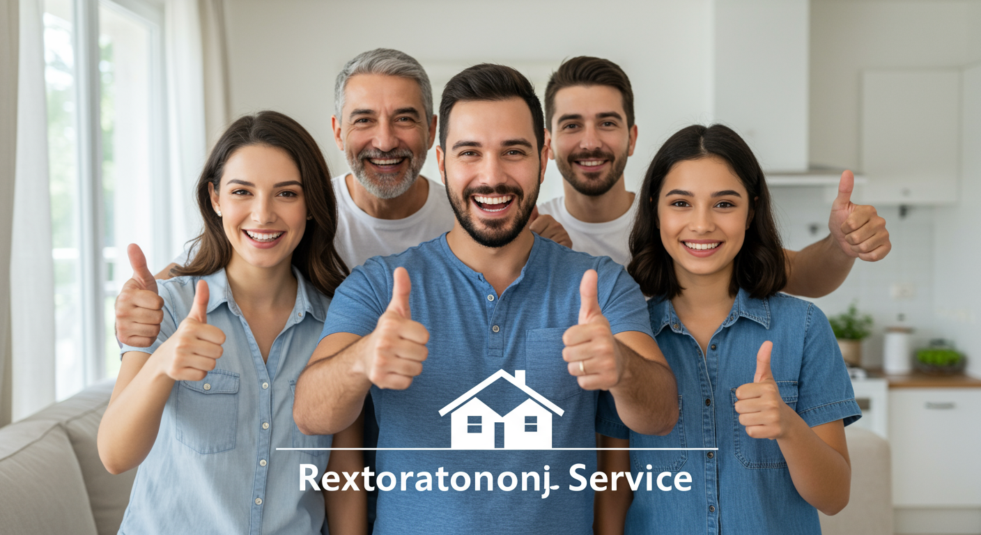 A happy family in their restored home, smiling and giving a thumbs-up. The background shows a clean and inviting living space, conveying satisfaction and trust in the restoration service.