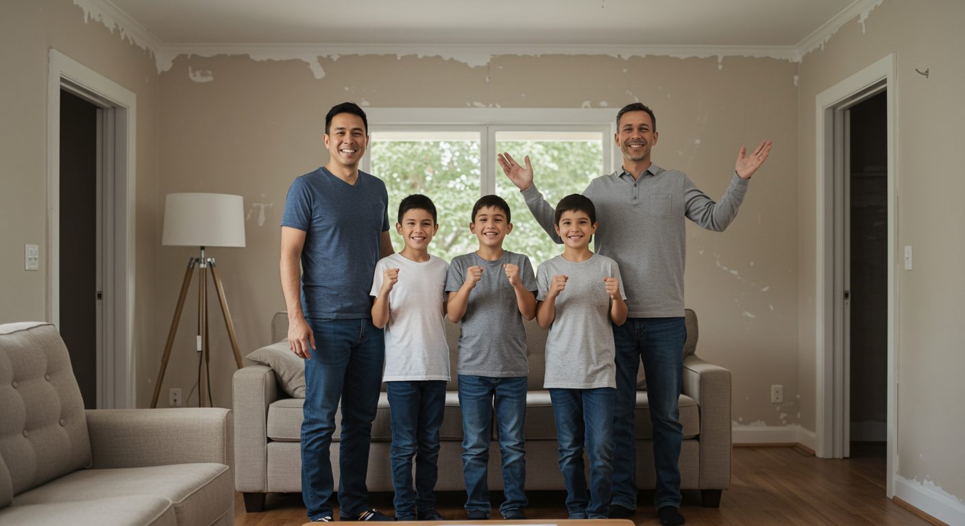 A happy family standing in their restored living room, expressing gratitude to the restoration team.