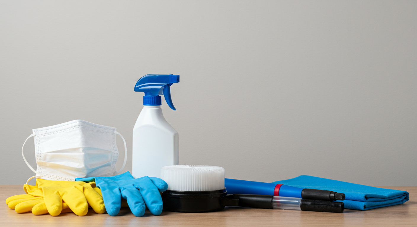 A neatly arranged display of essential DIY mold removal tools, including gloves, masks, and cleaning solutions, set against a clean background to highlight safety and preparedness.