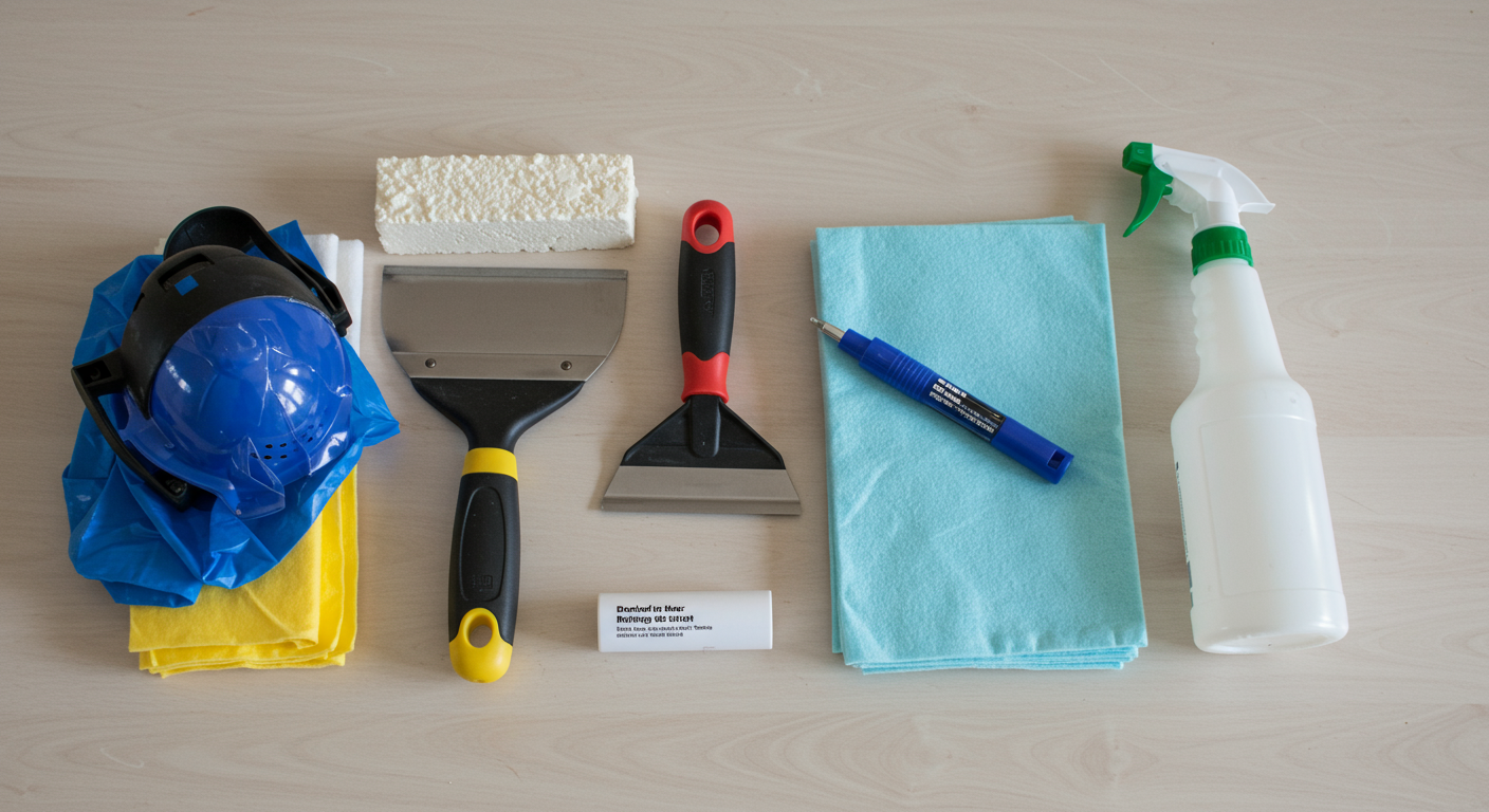 A neatly arranged display of essential tools and materials needed for popcorn ceiling removal, including a scraper, drop cloths, a spray bottle with water, and safety gear.