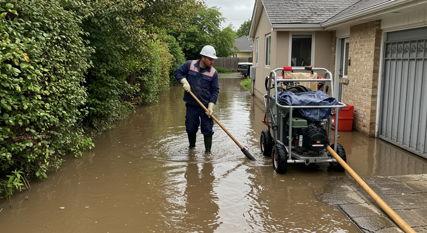 A local contractor in a uniform is actively working to remove water from a flooded residential area. The scene captures the urgency of the situation, with water extraction equipment and tools visible.