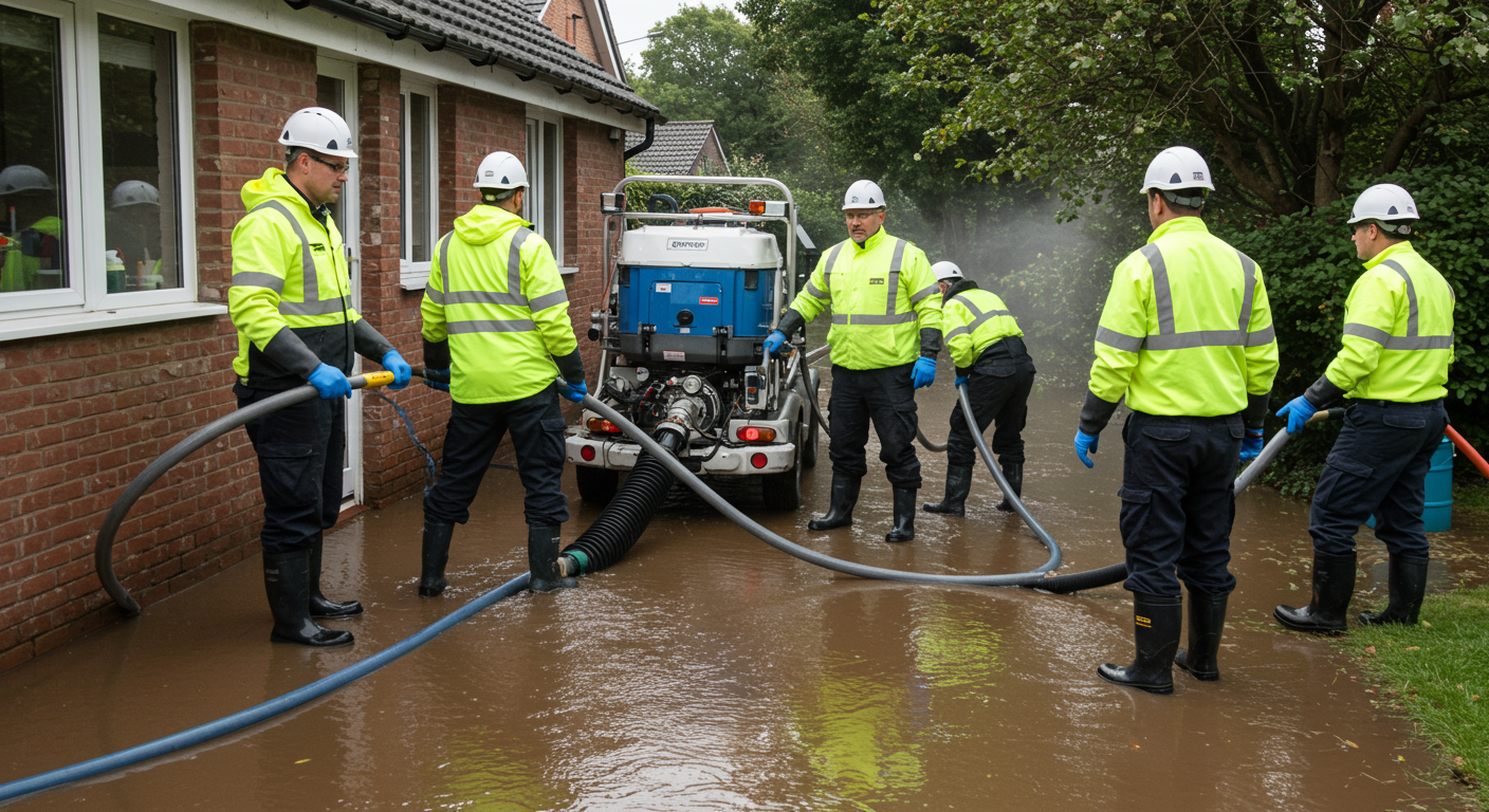 A team of professionals in safety gear actively working on a flooded residential property, using water extraction equipment. The scene captures the urgency and expertise of flood remediation.