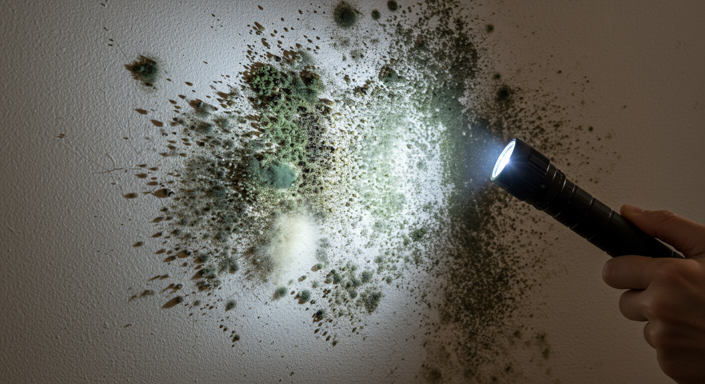 A close-up shot of a damp wall with visible mold growth, showcasing different types of mold (black, green, and white). The image captures a person inspecting the wall with a flashlight, highlighting the importance of identifying mold.