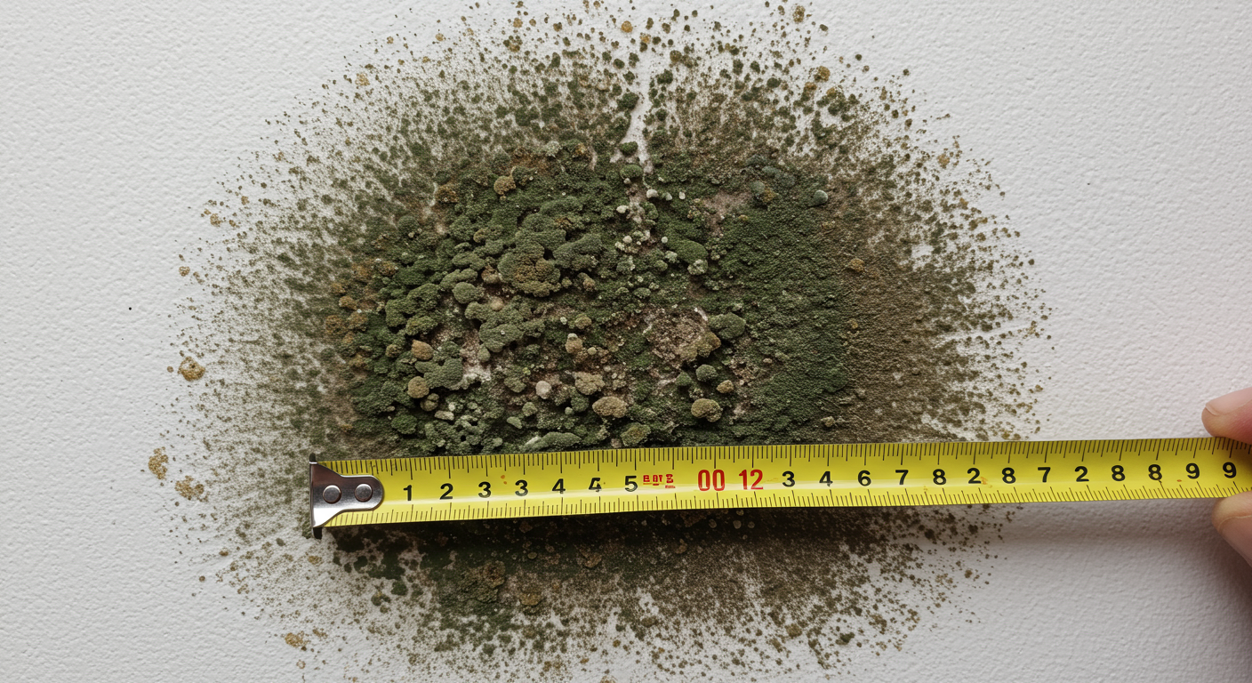 A close-up shot of mold growth on a wall, with a measuring tape next to it to indicate the size of the affected area. This visual emphasizes the importance of assessing mold size for cost estimation.