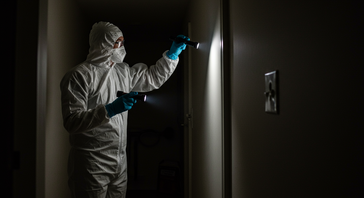 A professional in protective gear inspecting a home for mold. The focus is on the inspector using a flashlight to examine dark corners and walls.
