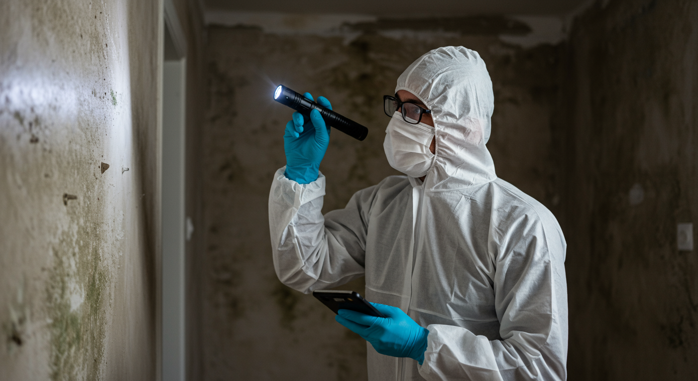 A professional mold remediation technician in protective gear inspecting a home for mold.