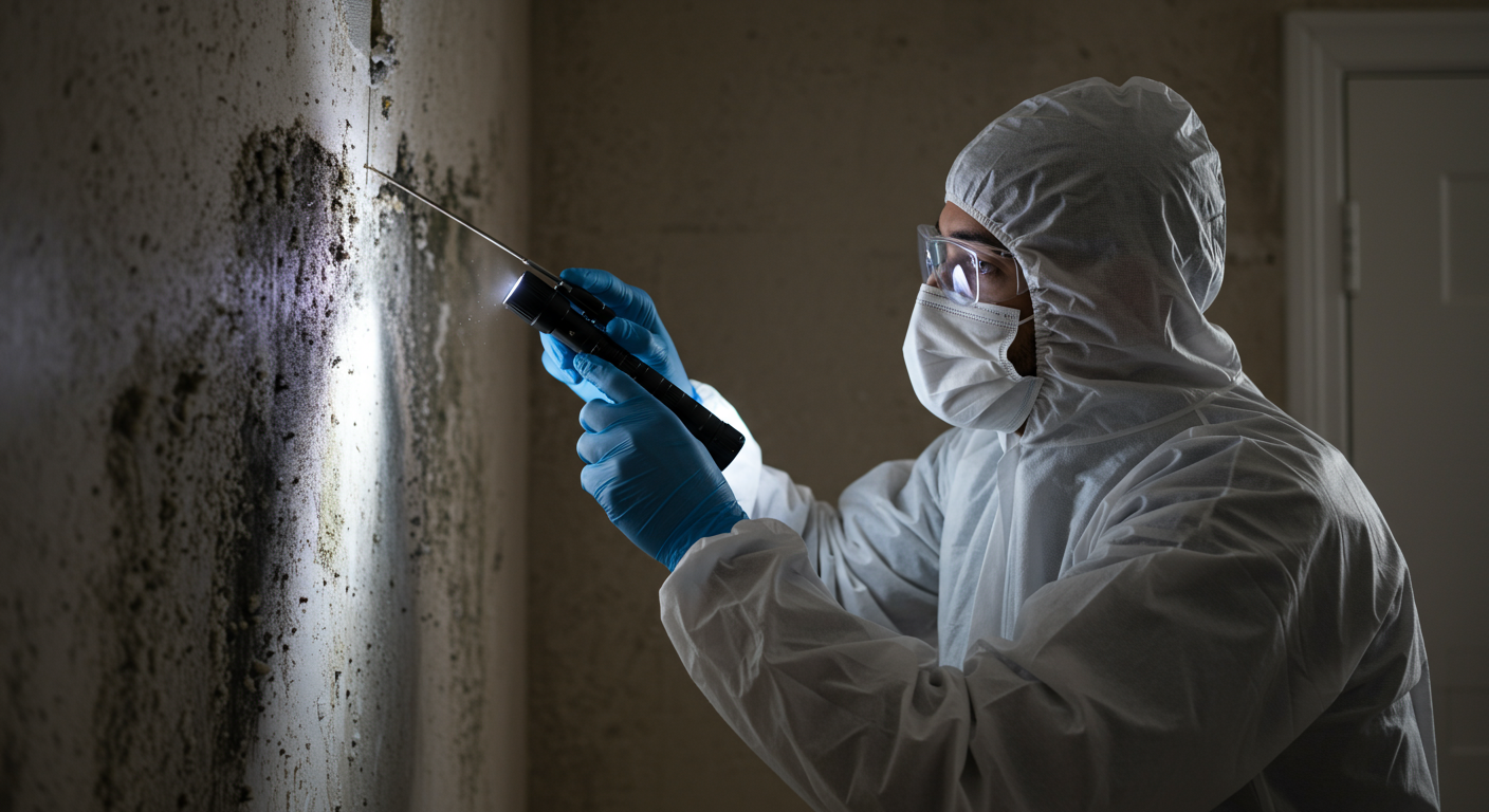 A professional mold inspector examining a wall with a flashlight, revealing black mold patches. The inspector is wearing protective gear, emphasizing safety in mold treatment.