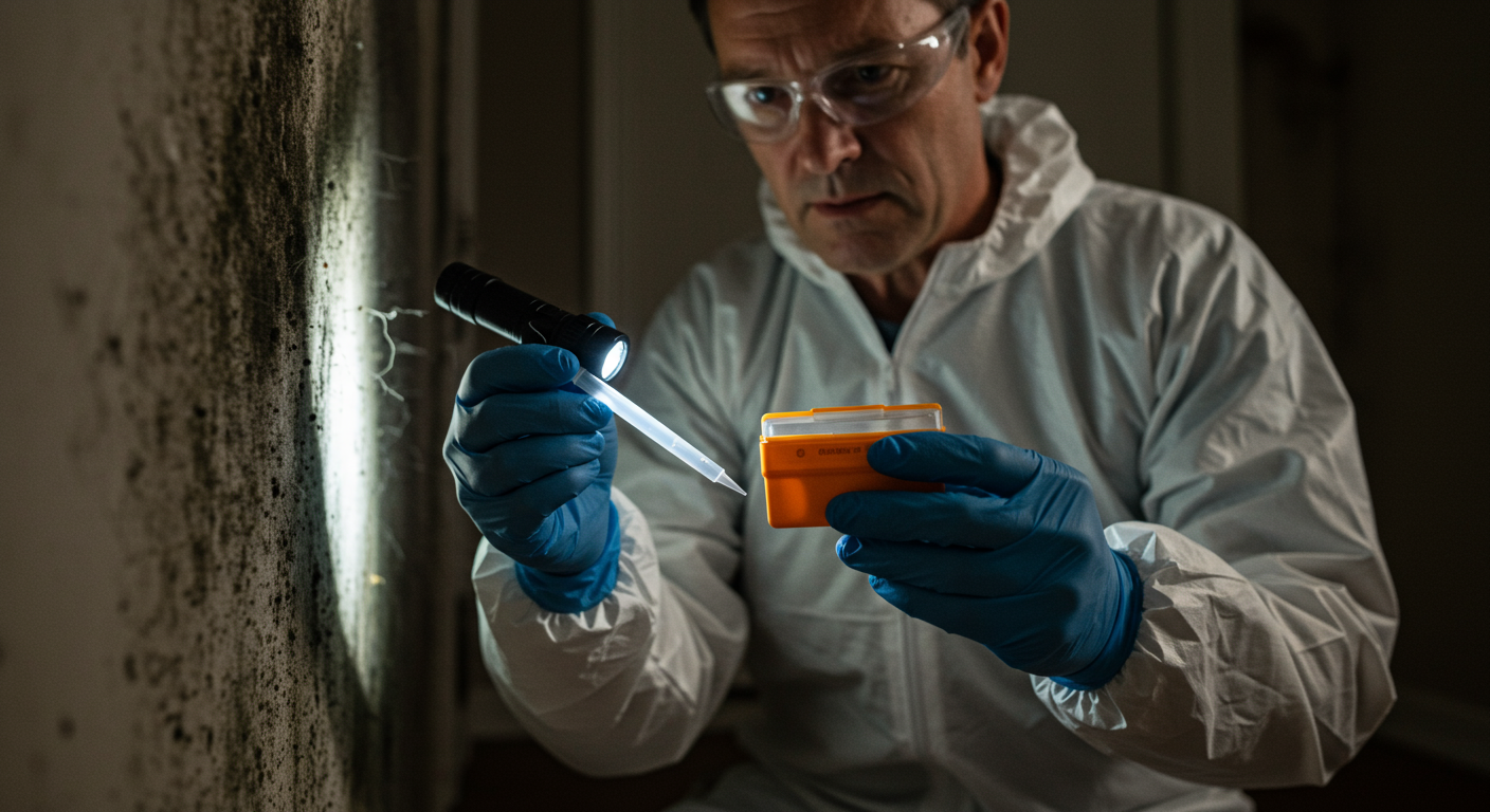A professional mold inspector using a testing kit in a home environment, with samples being collected from a moldy area.