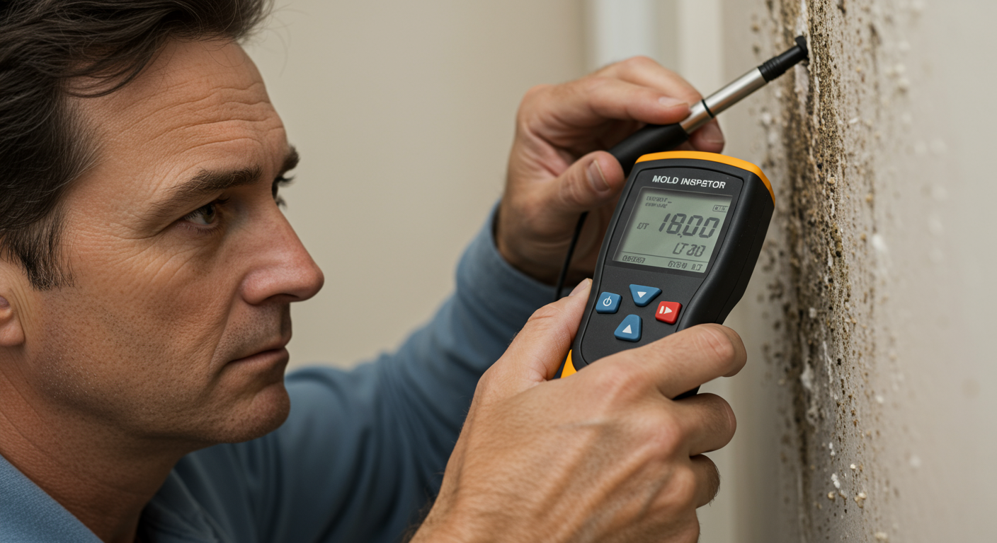A close-up of a mold inspector examining a wall with a moisture meter, showcasing the tools used in mold estimation.