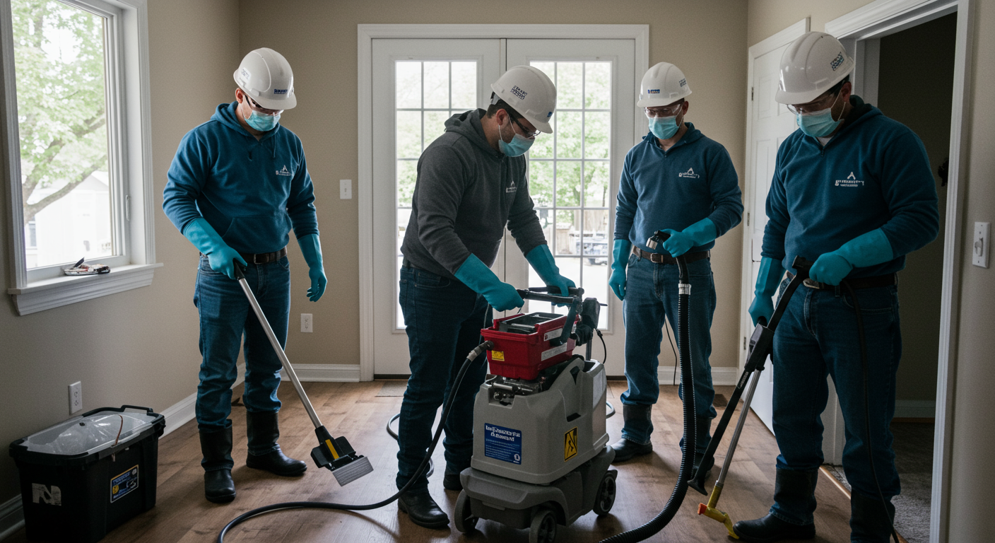 A team of mold remediation specialists actively working in a home, using equipment to remove mold and restore the environment. The focus is on teamwork and professionalism, showcasing the restoration process.