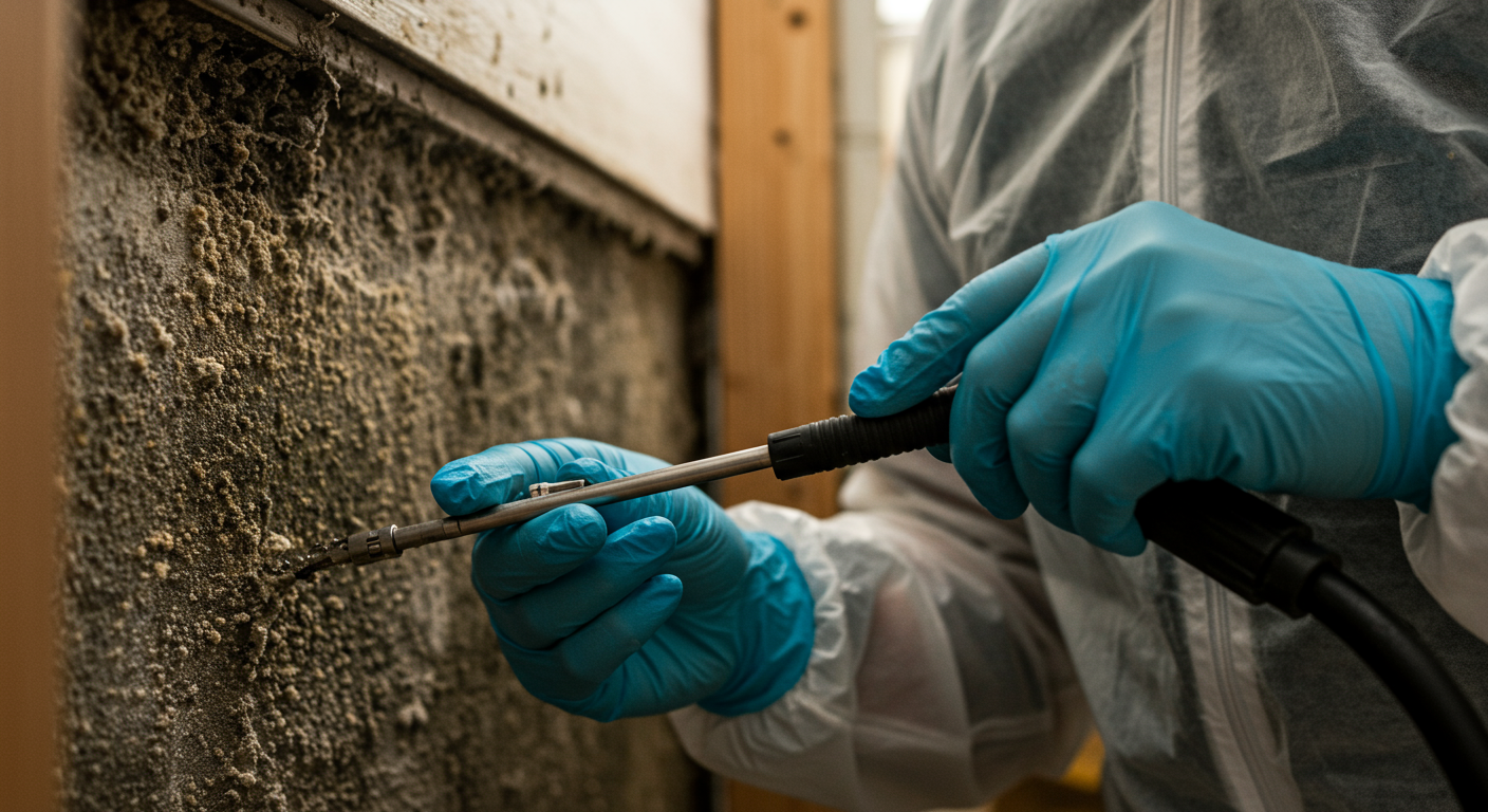 A close-up of a technician inspecting and treating mold in a damp area of a home. The focus is on the technician's careful work, emphasizing professionalism and thoroughness.