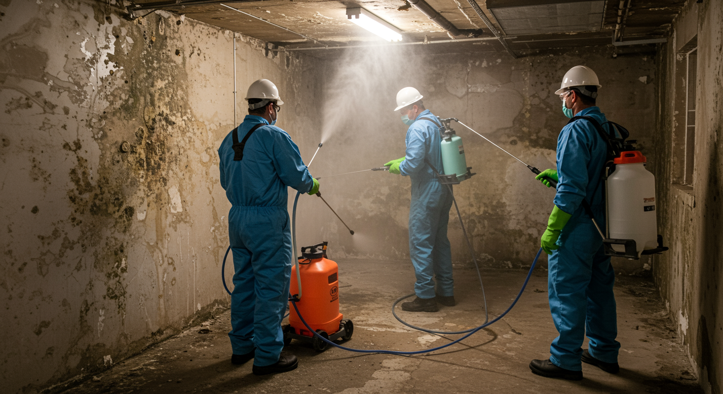 A team of professionals actively removing mold from basement walls using specialized equipment.