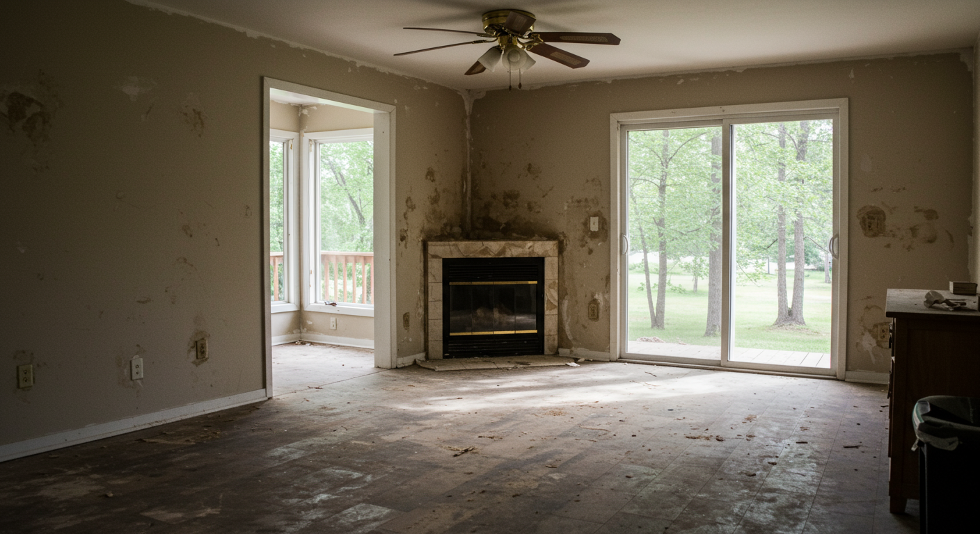 An interior shot of a home post-remediation, showcasing a bright and clean living space. Natural light floods the room, highlighting the absence of mold and the restoration of the environment.
