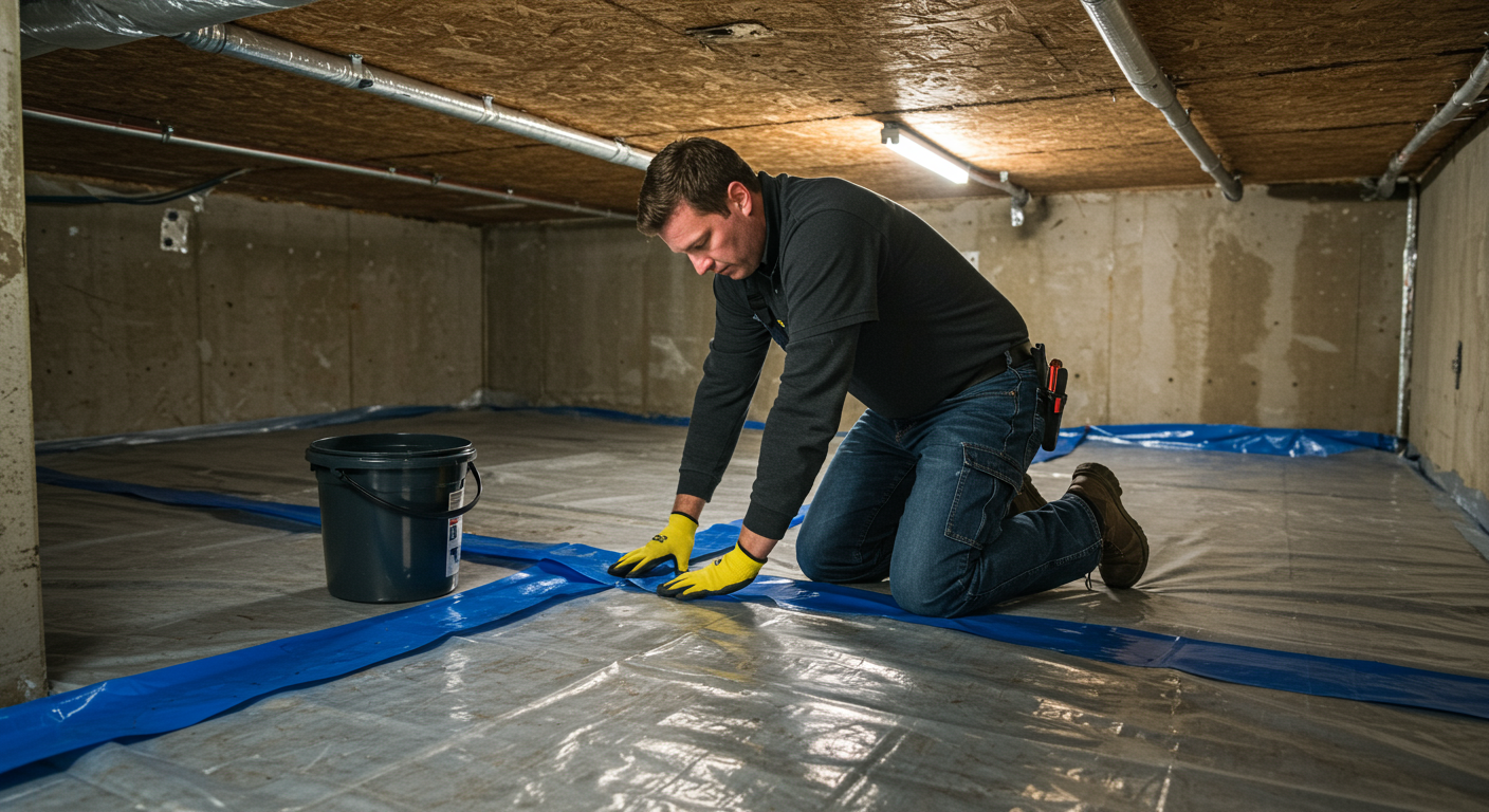 A professional technician kneeling in a well-lit crawl space, carefully applying a vapor barrier to the ground.
