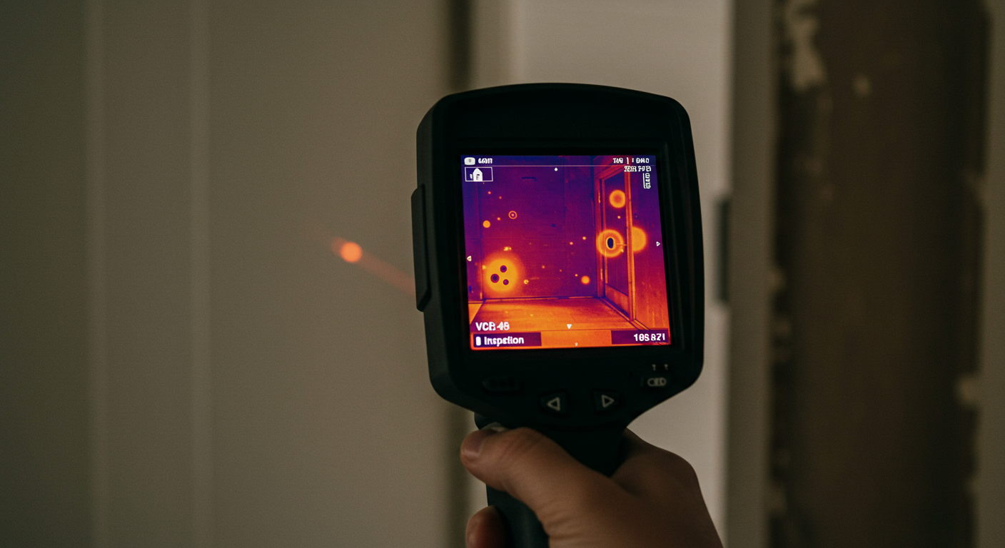 An inspector using a thermal imaging camera to detect hidden mold behind walls. The camera screen shows areas of concern, emphasizing advanced detection techniques.