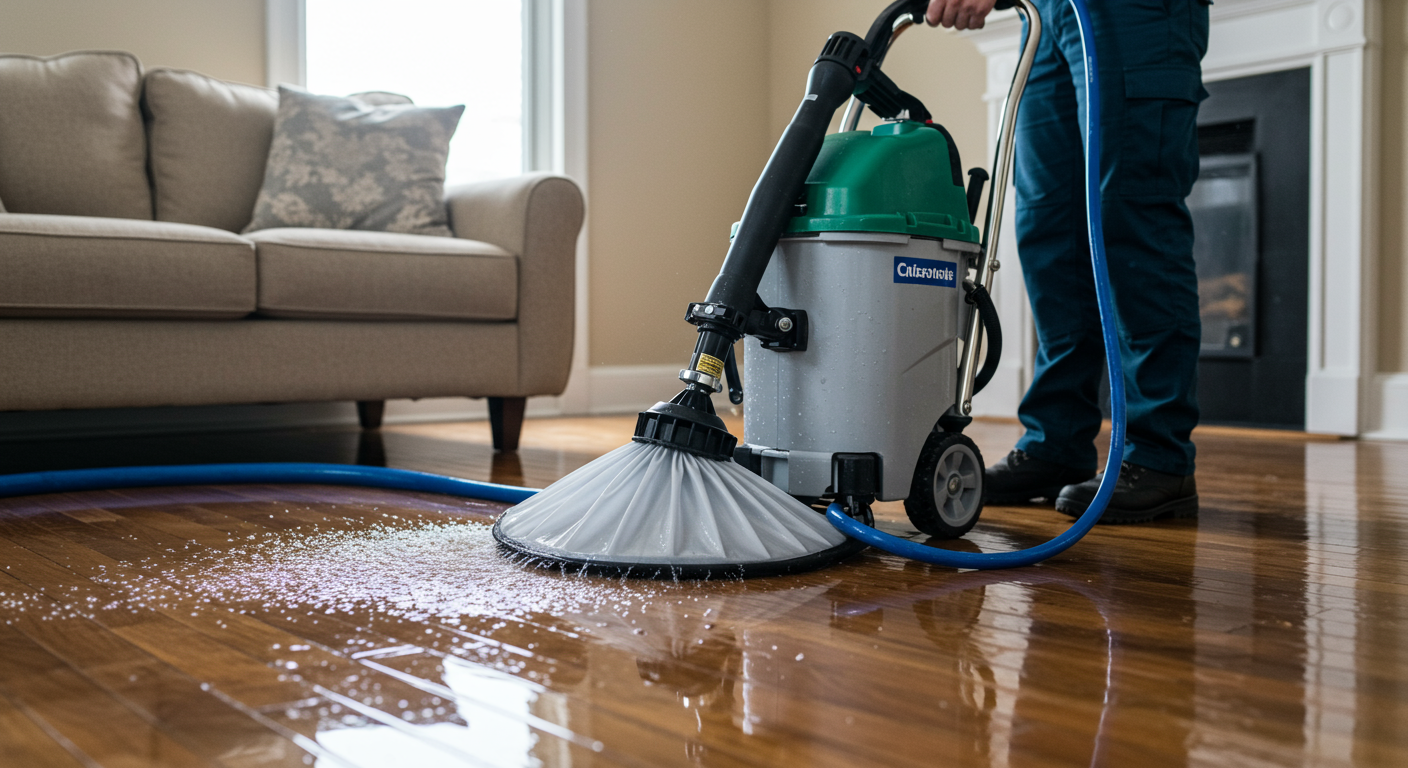 A technician using a powerful water extraction machine in a flooded living room.