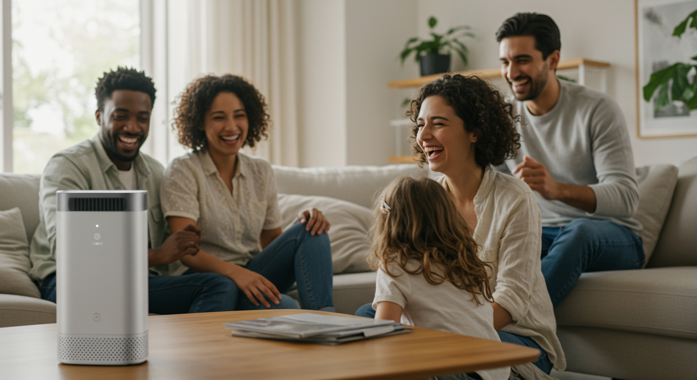A family enjoying time together indoors, with an air purifier visible in the background, symbolizing improved air quality.