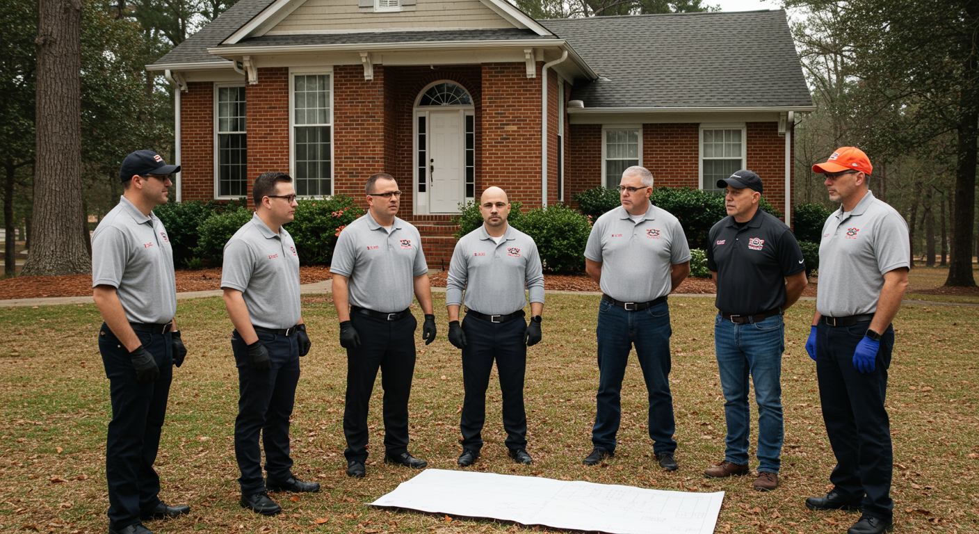 A team of local restoration experts discussing a mold remediation plan in front of a house in Auburn, AL. The background features iconic Auburn architecture, emphasizing the local connection.