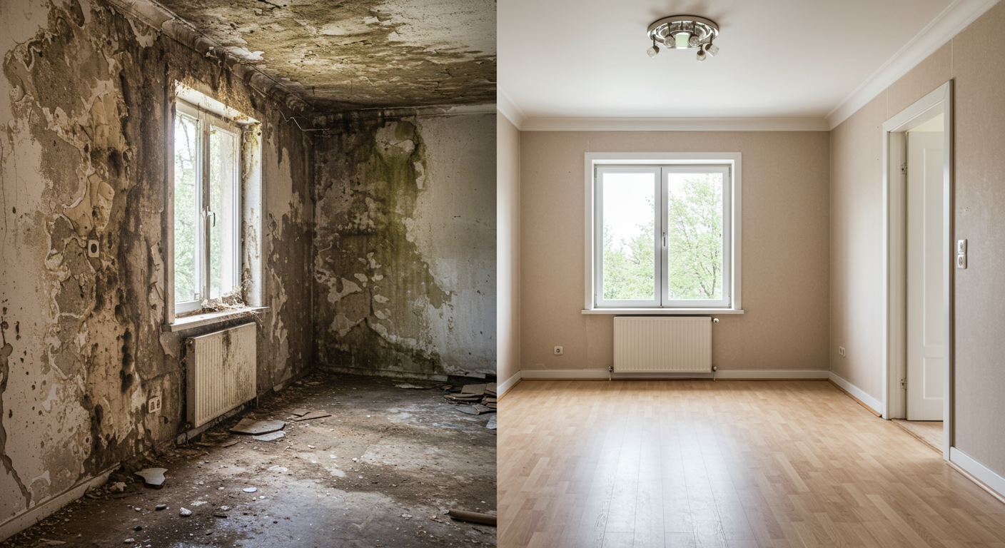 A split image showing a before-and-after comparison of a mold-infested room. The left side depicts the mold damage, while the right side shows the clean, restored space.