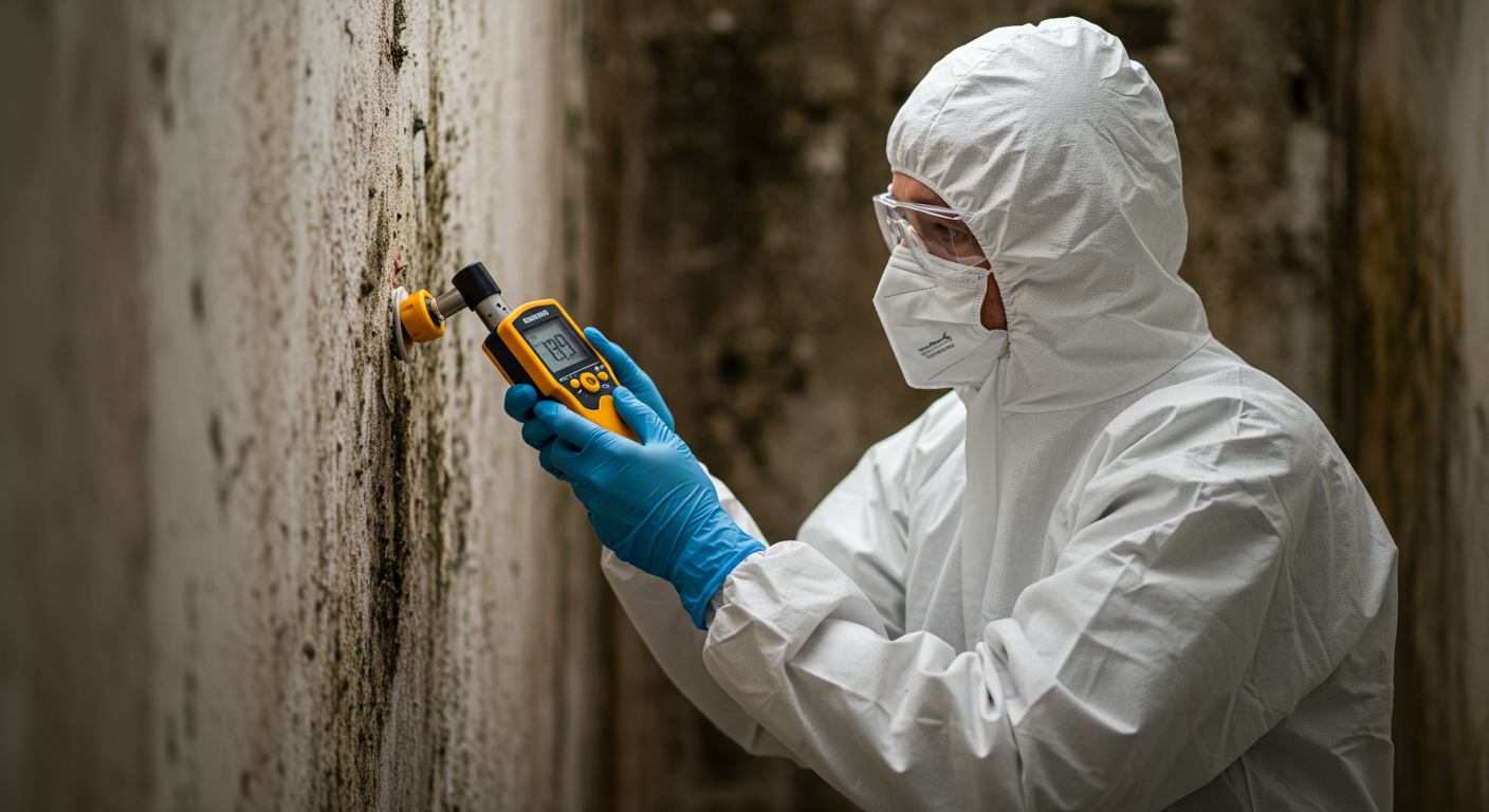 A professional wearing protective gear inspecting a wall with visible mold growth using a moisture meter.