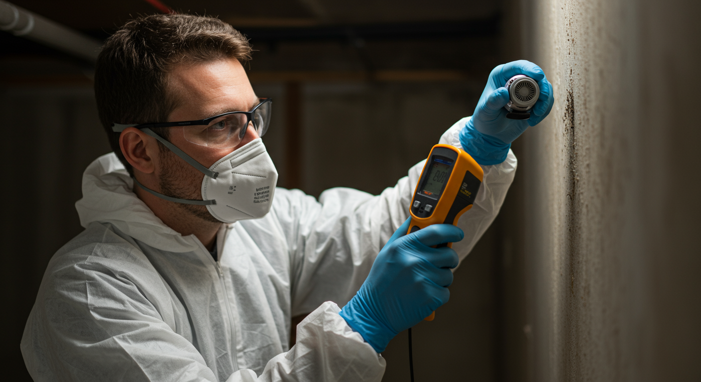 A professional mold inspector wearing protective gear examines a wall with a moisture meter, highlighting the inspection process.