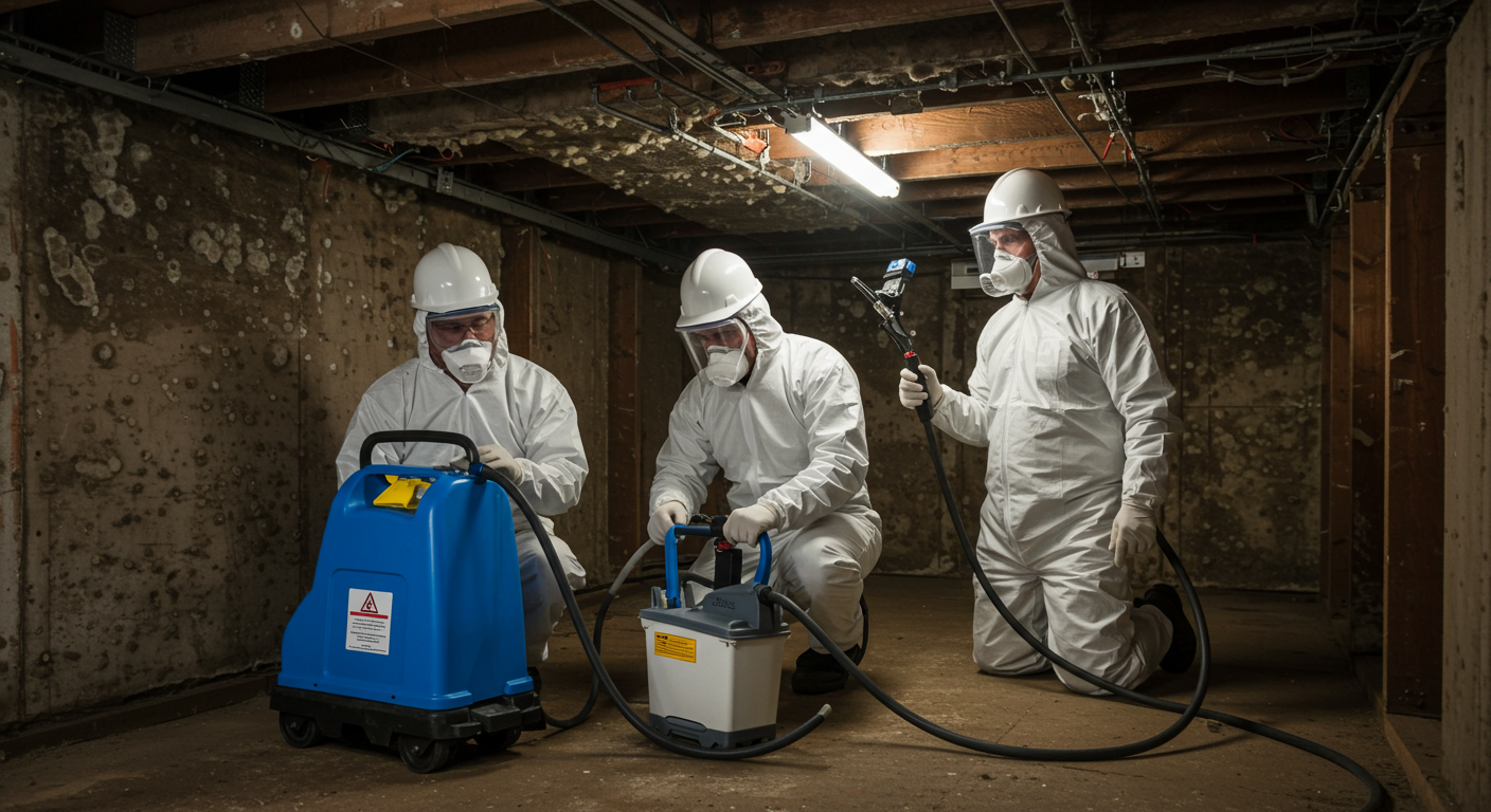 A professional mold remediation team in protective gear working in a crawl space, using equipment to remove mold and treat the area, emphasizing safety and expertise.