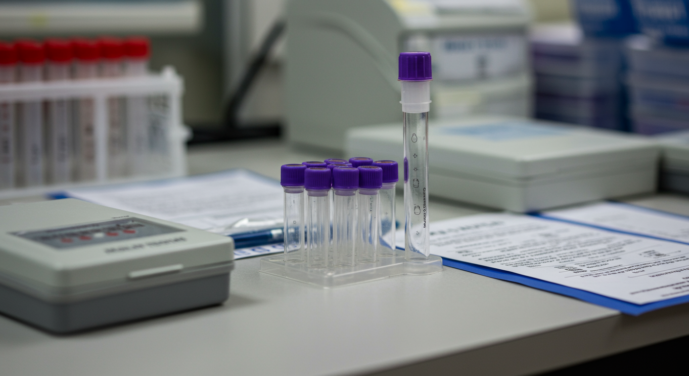 Mold testing kit on a table, with samples collected in clear vials.