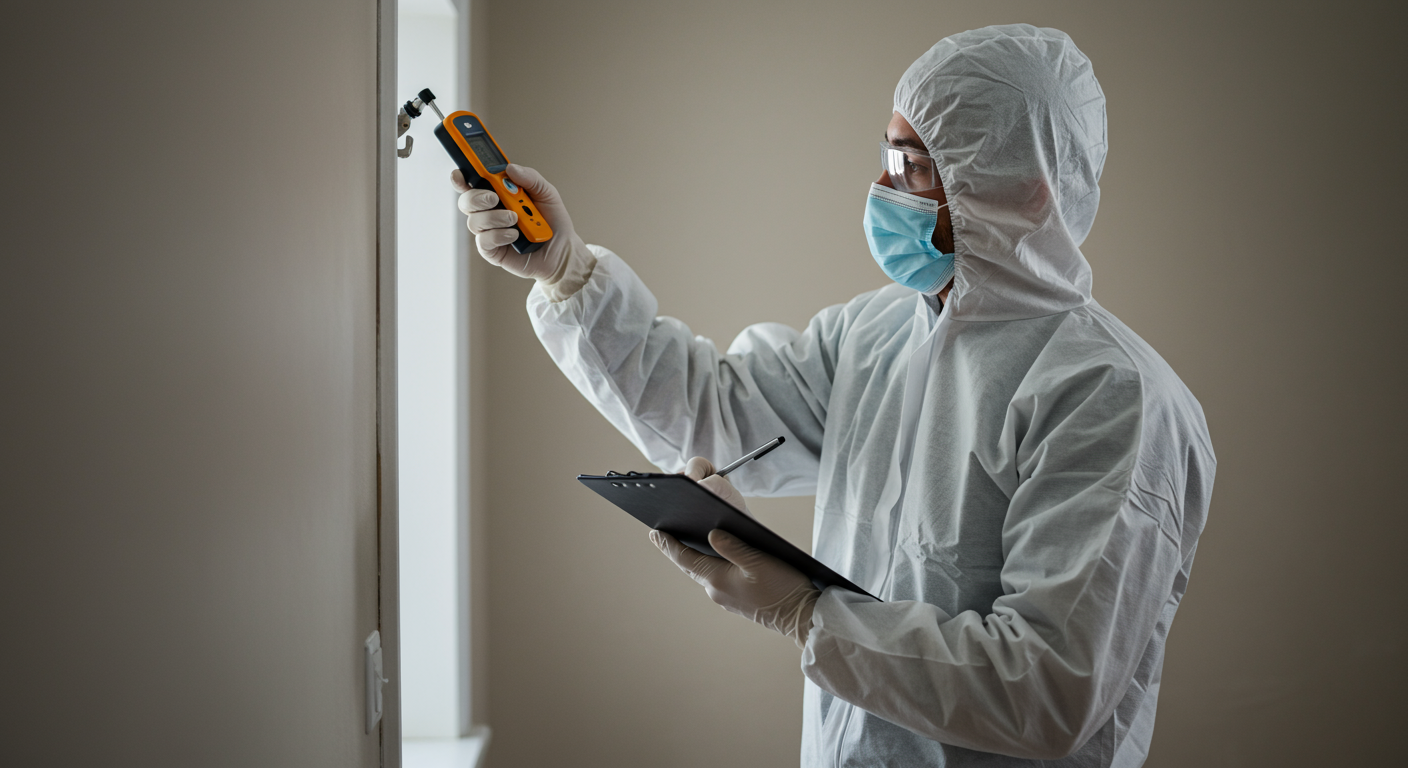 A professional technician in protective gear is carefully examining a wall in a home environment for mold presence. The technician is using a moisture meter and taking notes, showcasing a thorough inspection process.